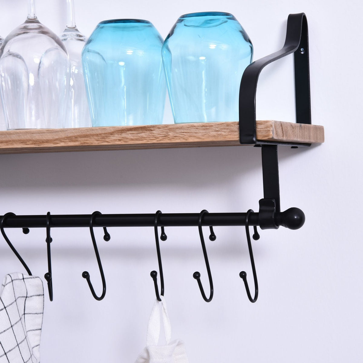 Wall Shelf Floating Shelf Stylish Wall Shelf With 8 Hooks, Solid Wood, For Bathroom & Kitchen, Black + Natural, 48X18.5X21Cm