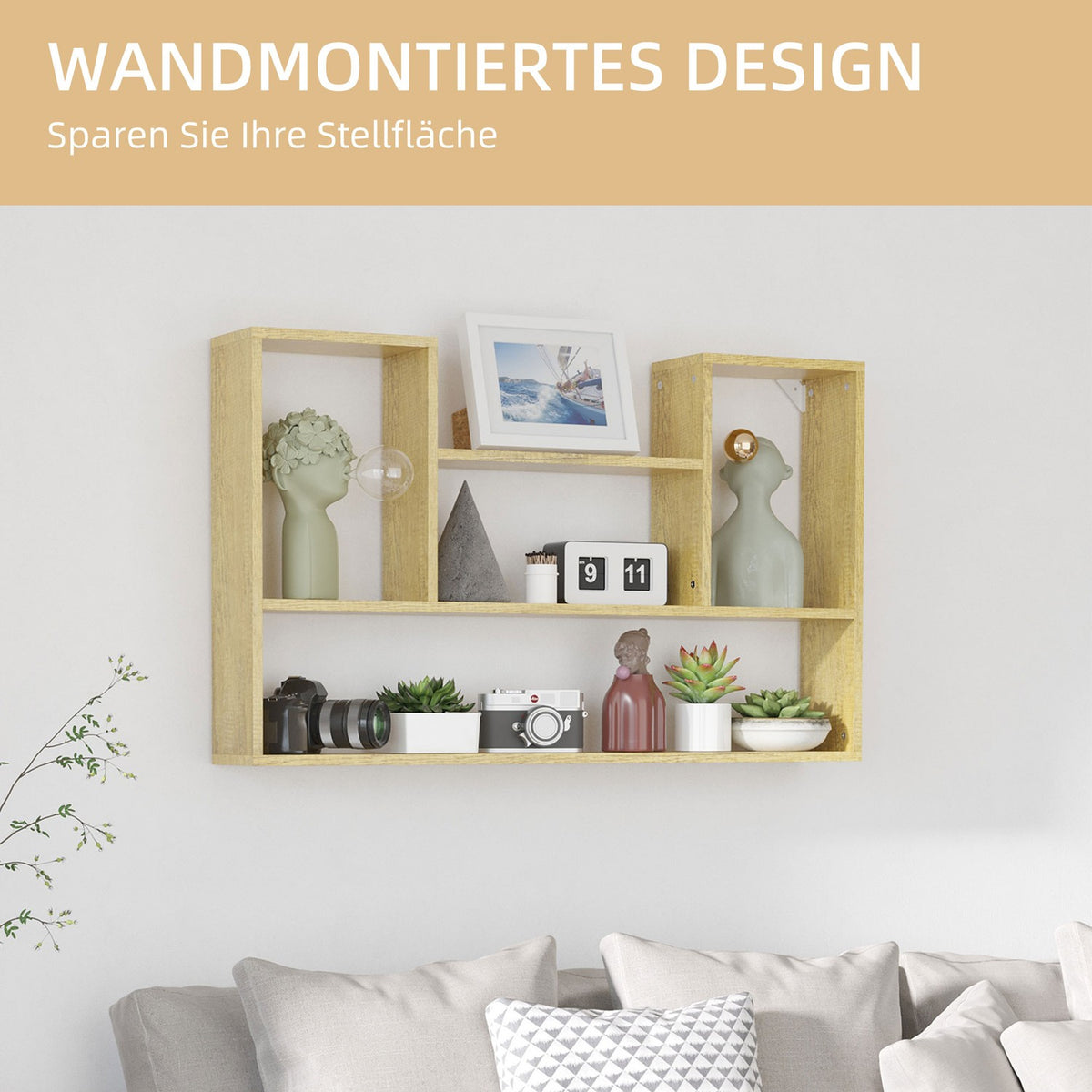 Wall Shelf, Floating Shelf, Wall Shelf With 5 Compartments, Bookcase, Wall Decoration, Natural, 100X15X60 Cm, For Living Room And Bedroom