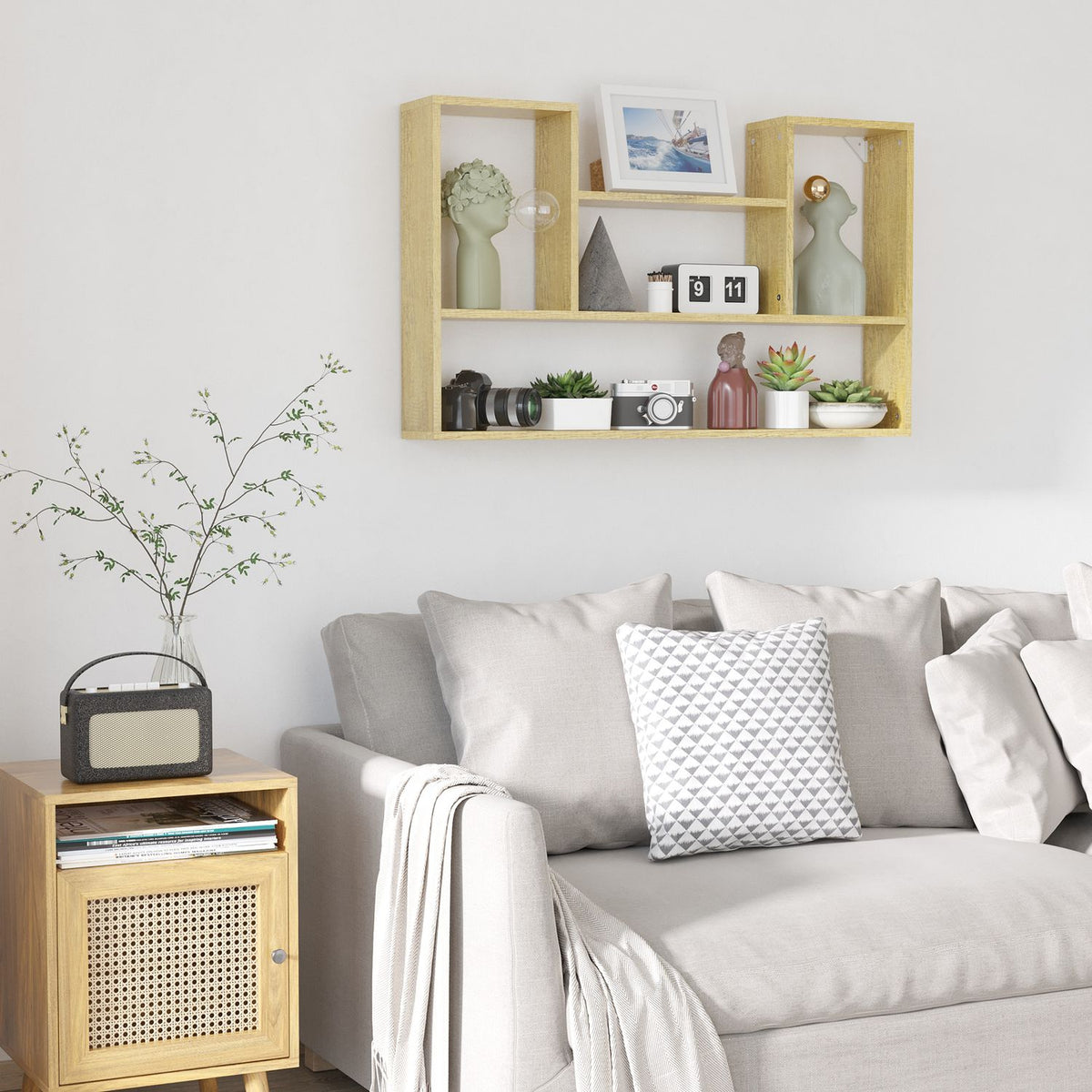 Wall Shelf, Floating Shelf, Wall Shelf With 5 Compartments, Bookcase, Wall Decoration, Natural, 100X15X60 Cm, For Living Room And Bedroom