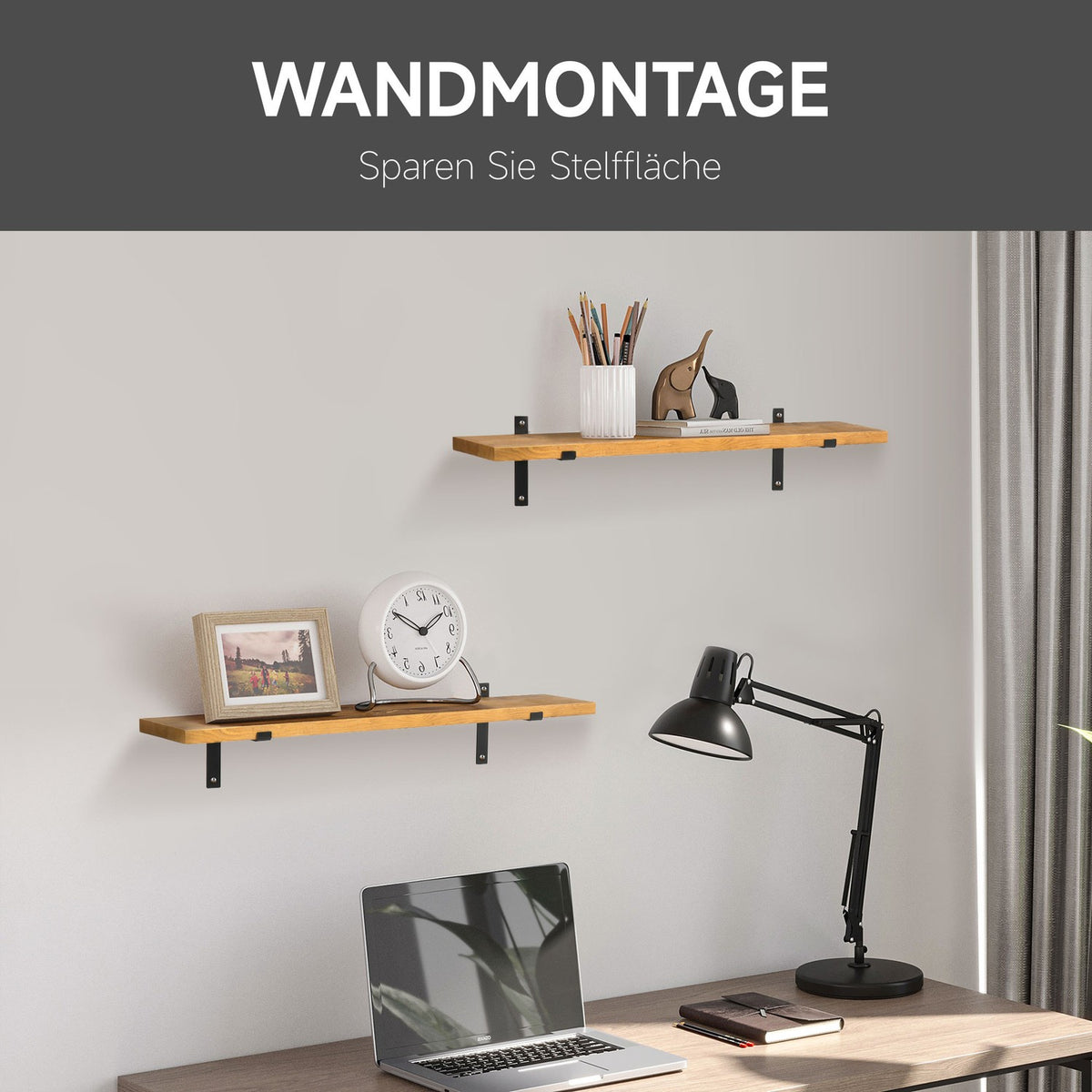 Wall Shelf Set Of 2 Floating Shelves Made Of Pine Wood And Steel, Brown, 90X15X2.5Cm, For Stylish Wall Decoration