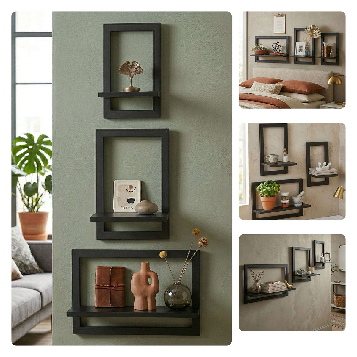 Wall Shelves Set of 3 – Floating MDF with Metal Frame