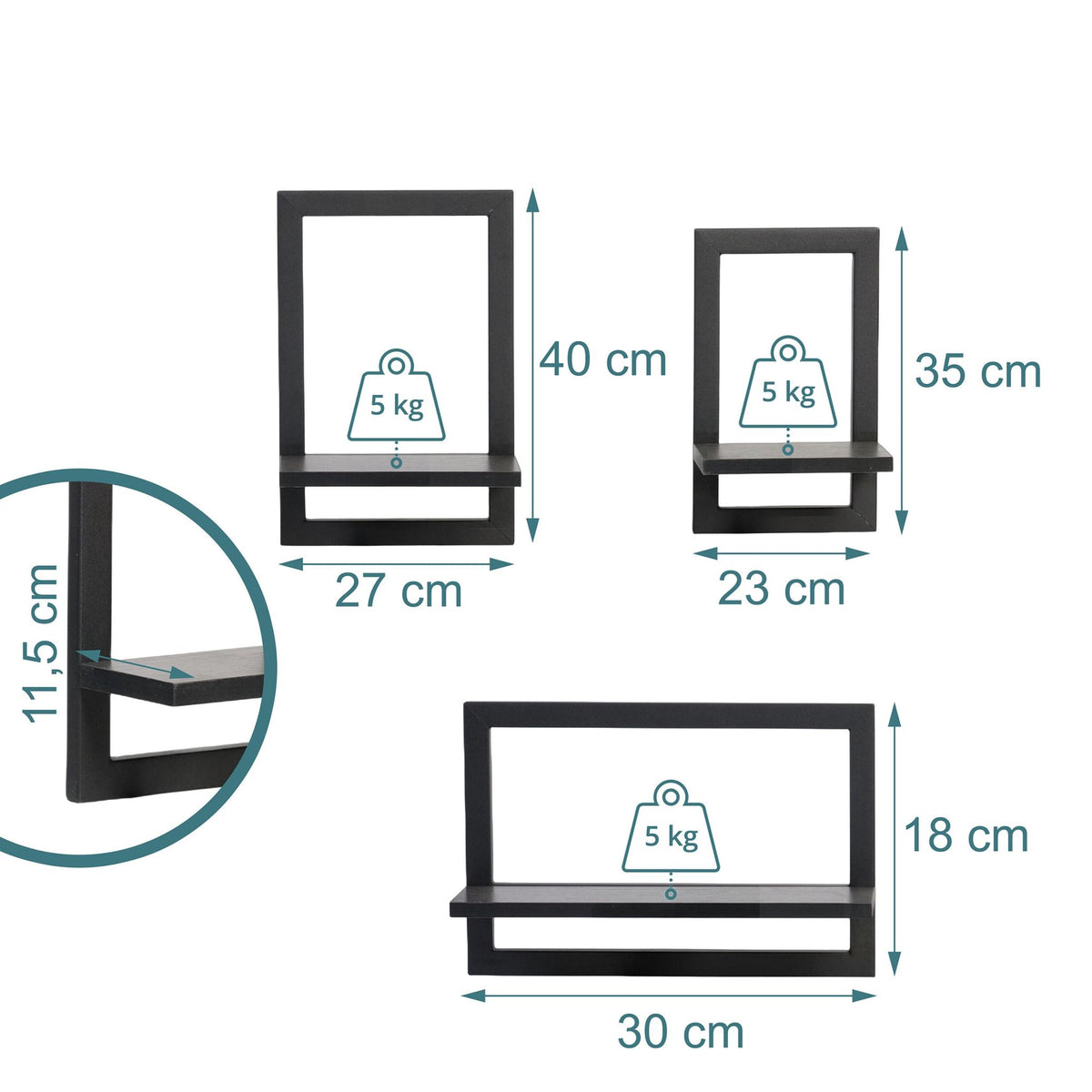 Wall Shelves Set of 3 – Floating MDF with Metal Frame