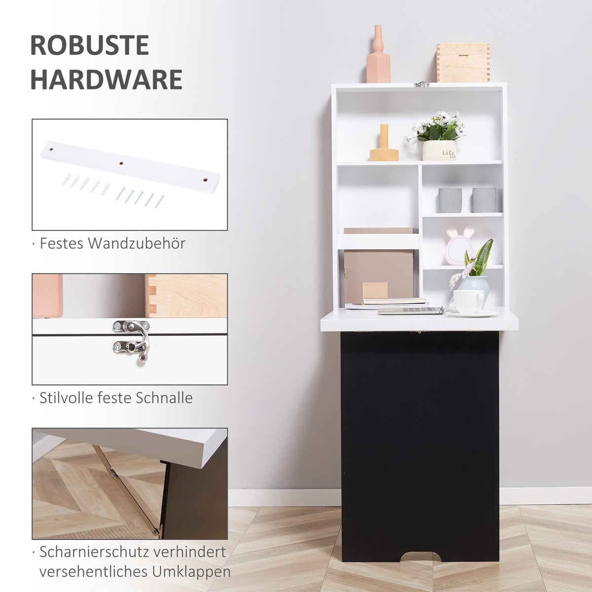 Wall Table Folding Desk 5 Compartments Board White + Black 60X94.5X147Cm