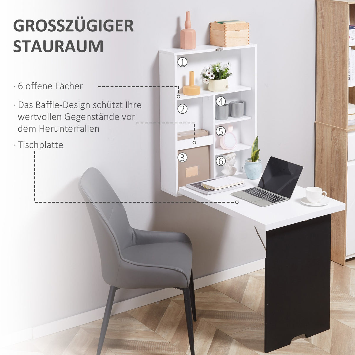 Wall Table Folding Desk 5 Compartments Board White + Black 60X94.5X147Cm