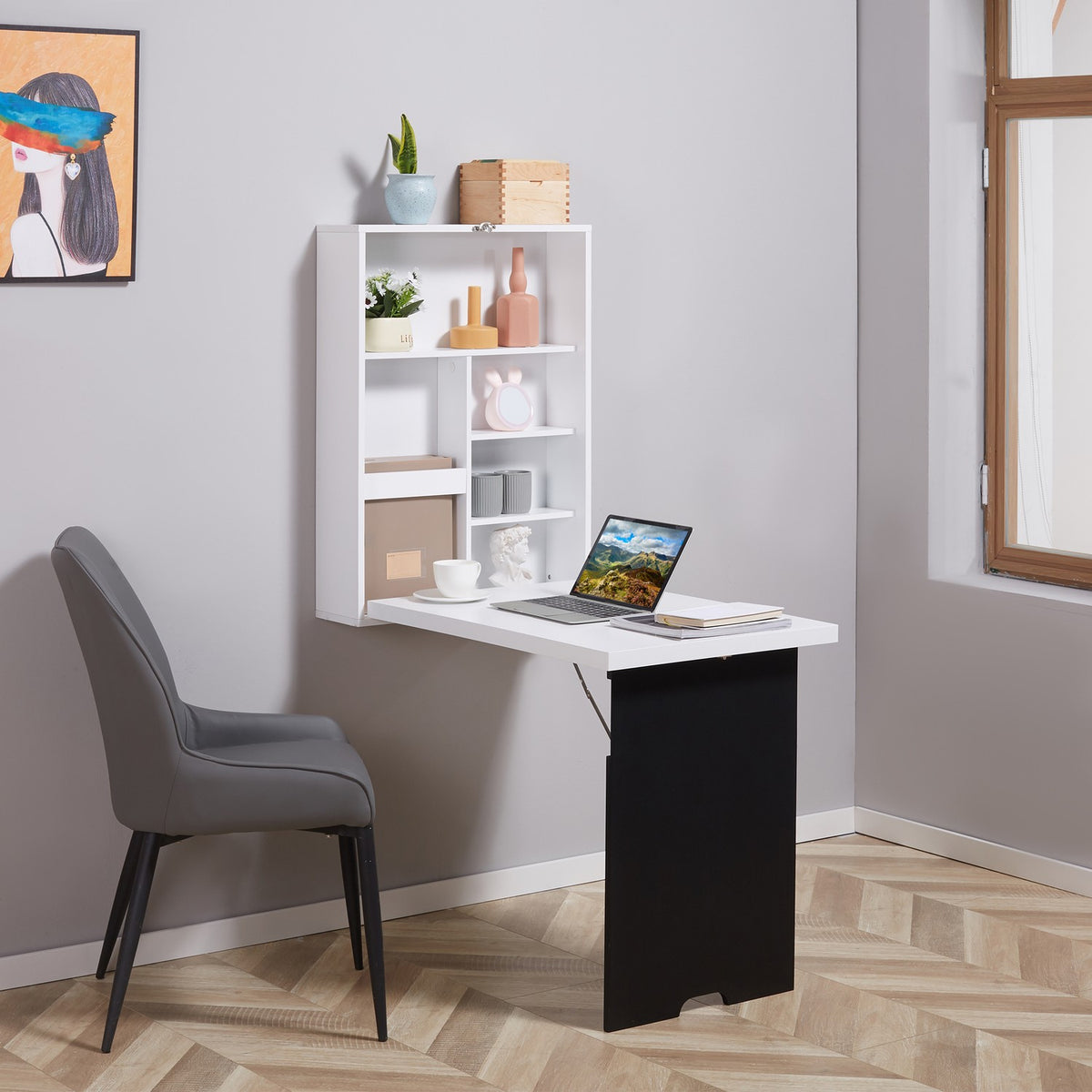 Wall Table Folding Desk 5 Compartments Board White + Black 60X94.5X147Cm