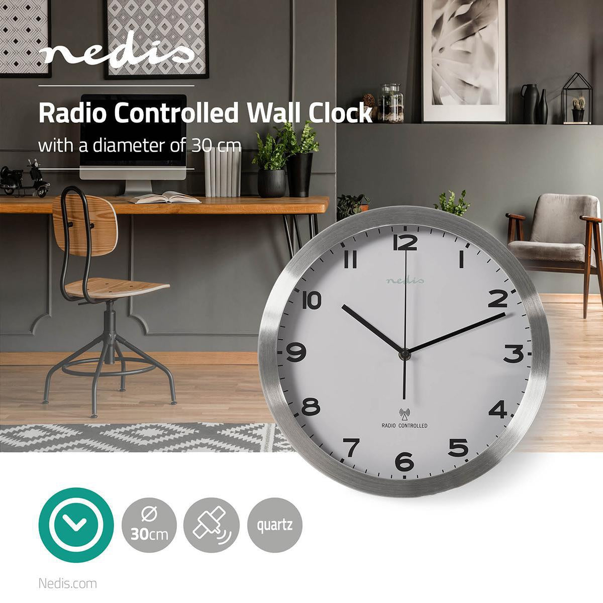 Wall clock | Diameter: 300 mm | Aluminum / Plastic | Radio controlled time | Silver / White
