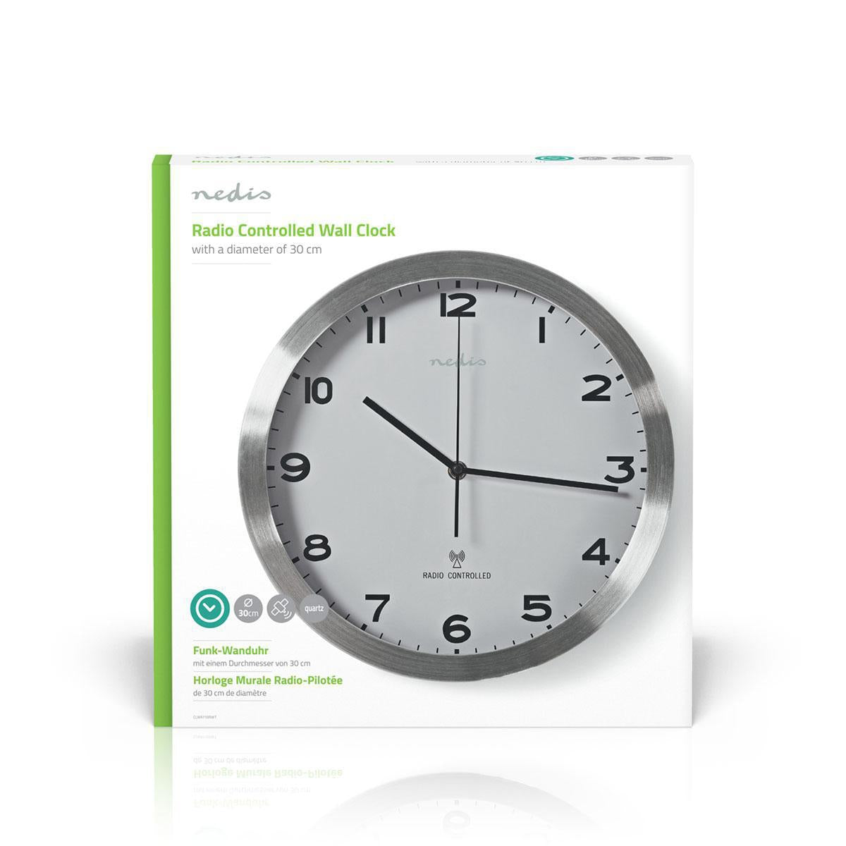 Wall clock | Diameter: 300 mm | Aluminum / Plastic | Radio controlled time | Silver / White