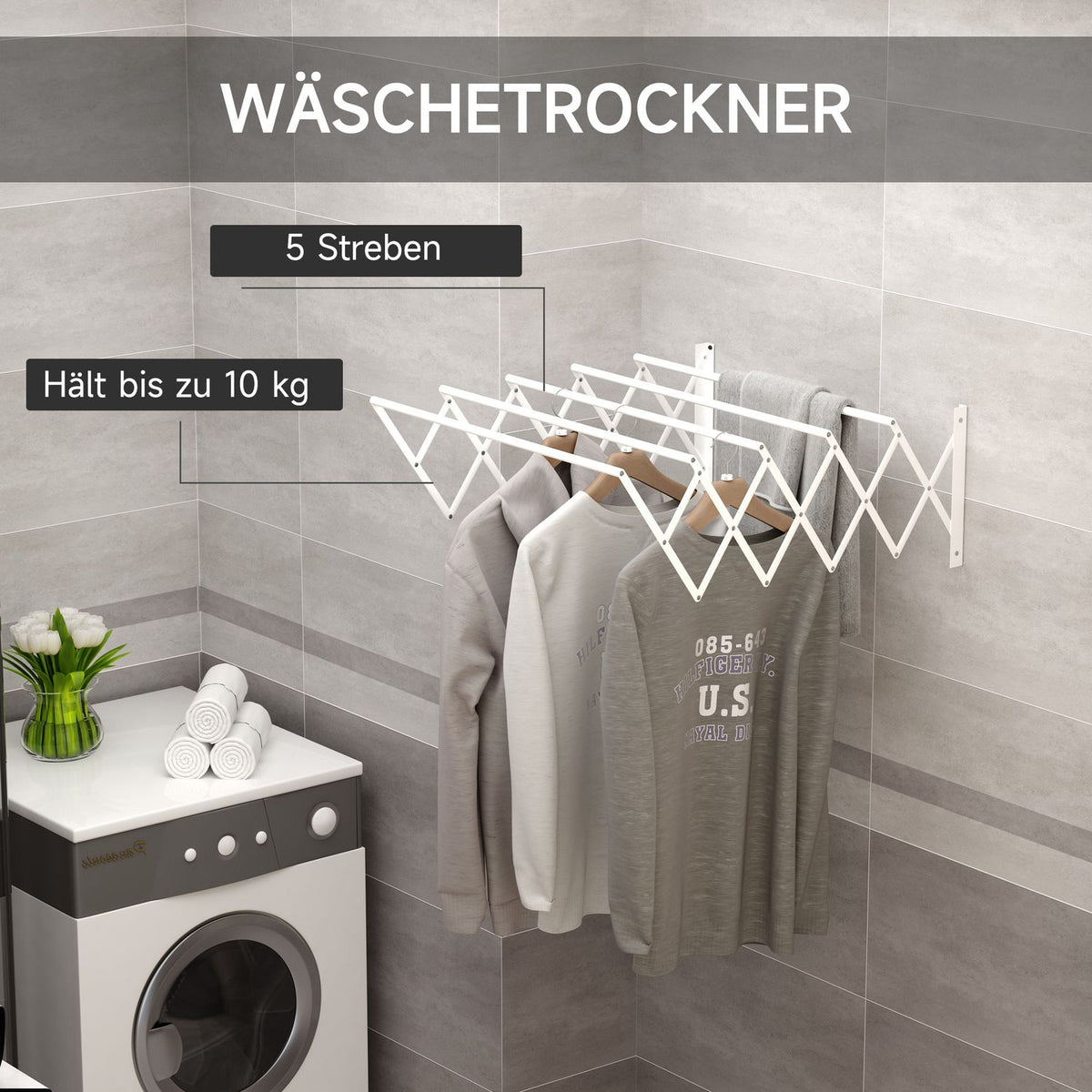 Wall dryer, 57.5cm, clothes rack, space-saving tumble dryer, for indoor and outdoor use, metal, white, 63.5 x 60 x 20 cm