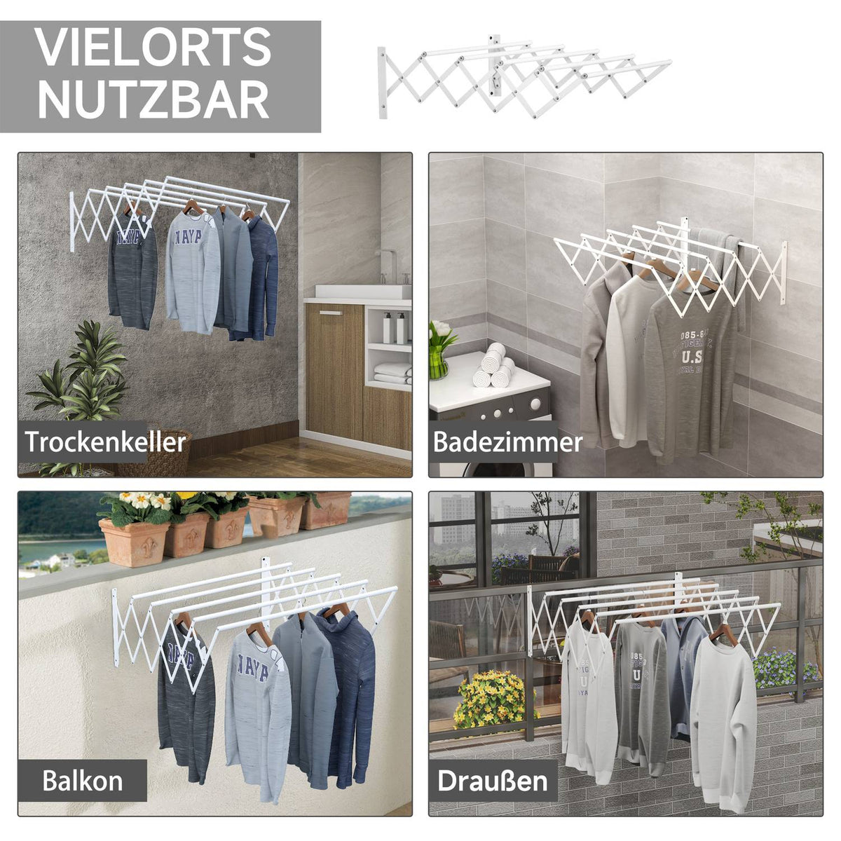 Wall dryer, 57.5cm, clothes rack, space-saving tumble dryer, for indoor and outdoor use, metal, white, 63.5 x 60 x 20 cm