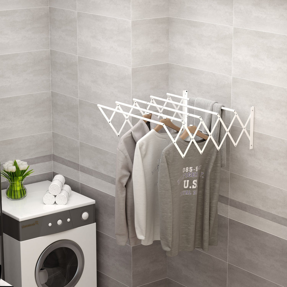 Wall dryer, 57.5cm, clothes rack, space-saving tumble dryer, for indoor and outdoor use, metal, white, 63.5 x 60 x 20 cm