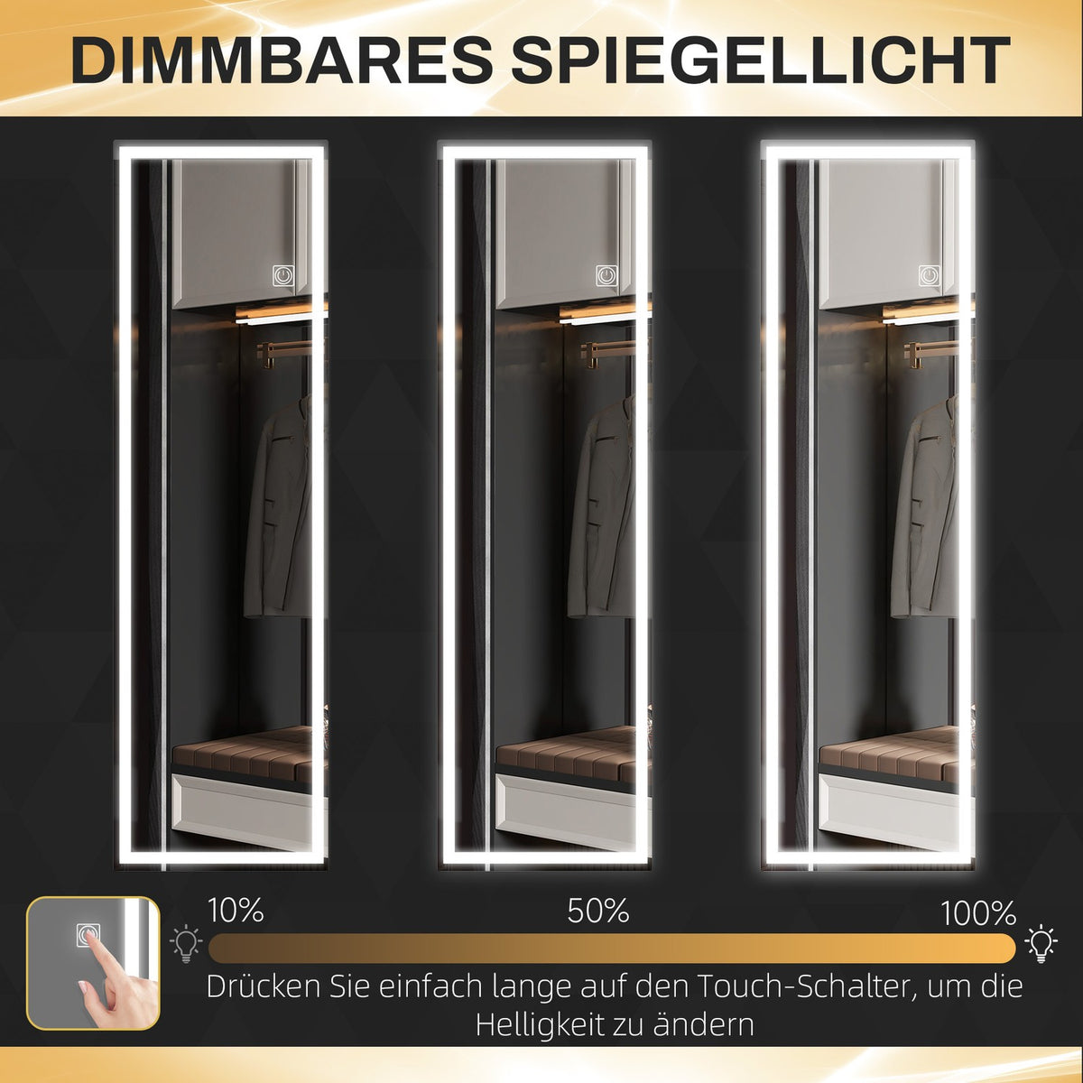 Wall mirror 120 x 40 cm full length mirror with LED lighting, 3 light barbs, rectangular mirror with touch switch, memory function for bedroom, bathroom