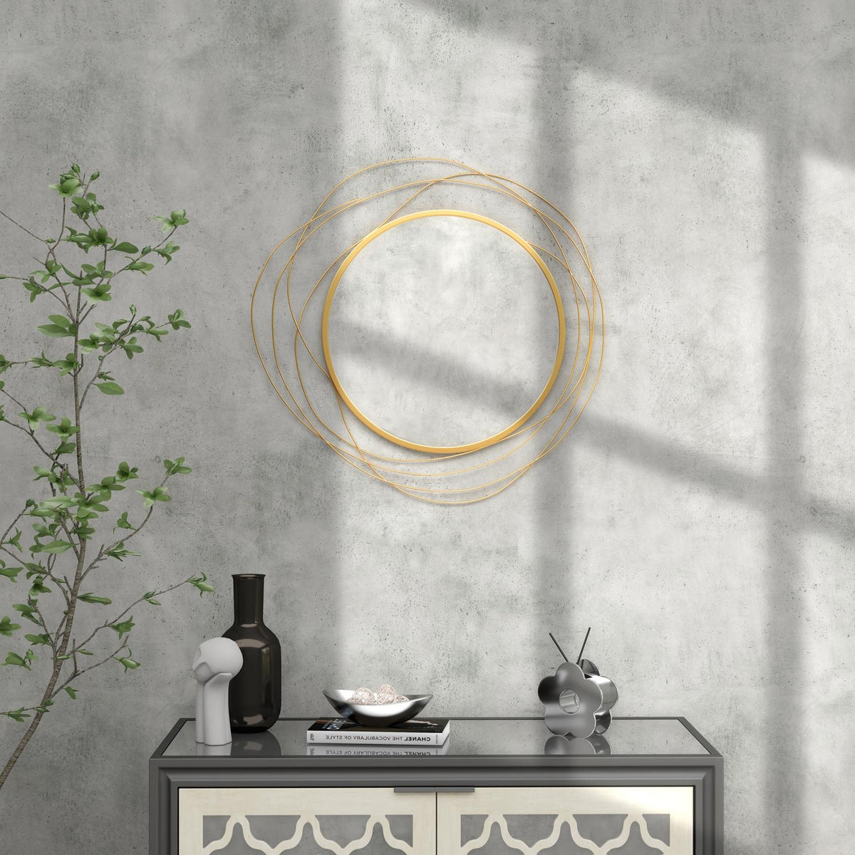 Wall mirror, Ø65 cm wall decoration with mirror, metal frame, hallway mirror, wall art for living room, bedroom, gold