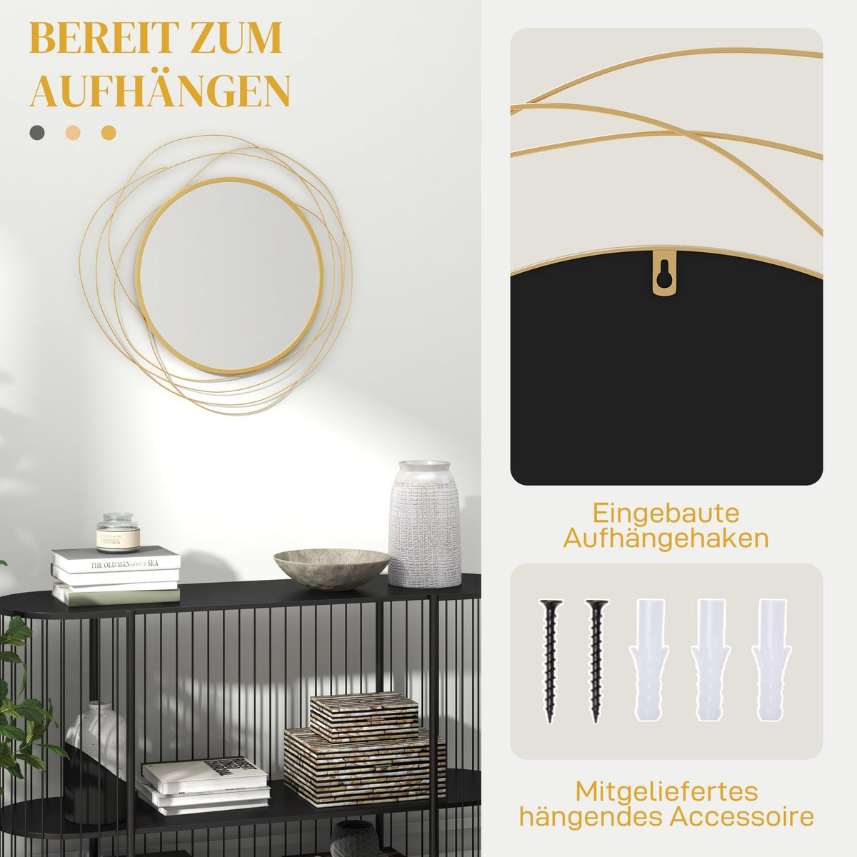 Wall mirror, Ø65 cm wall decoration with mirror, metal frame, hallway mirror, wall art for living room, bedroom, gold