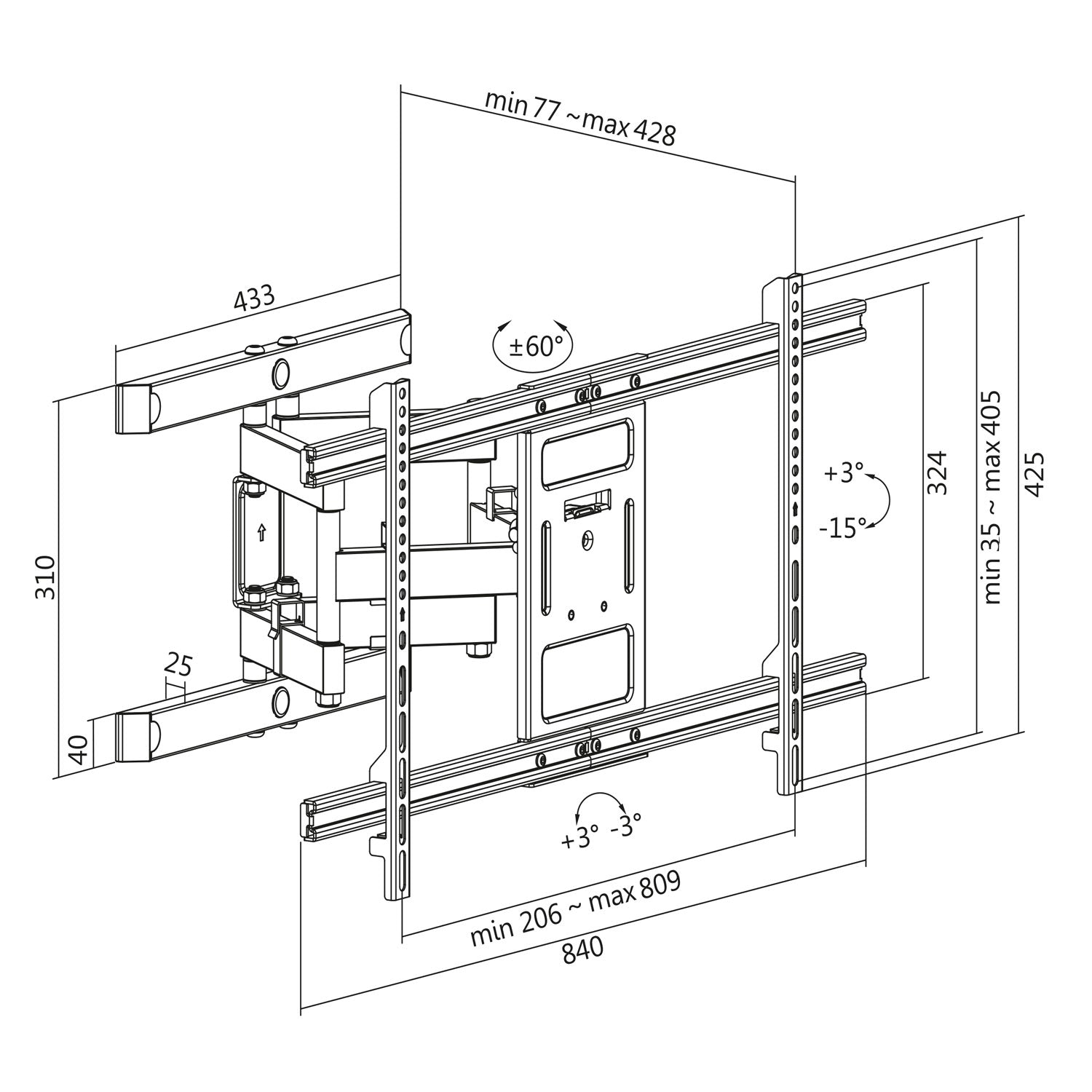 Wall mount TV 43-90" Tilt/angle bar