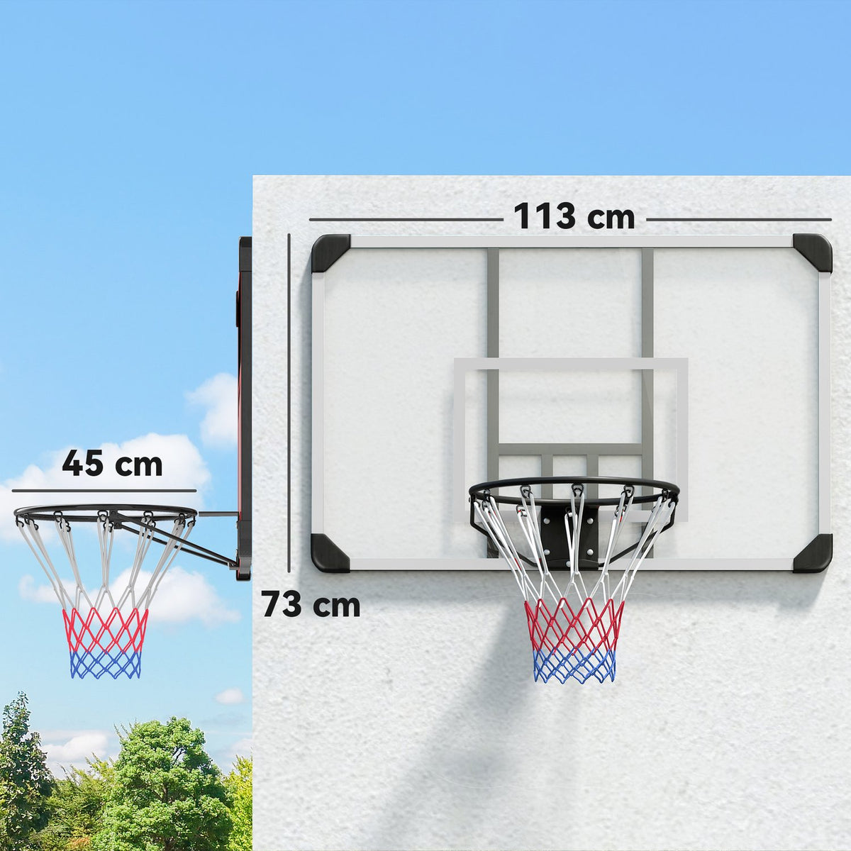 Wall-mounted basketball hoop with basketball board and net 113 x 61 x 73 cm made of steel for outdoor activities in white