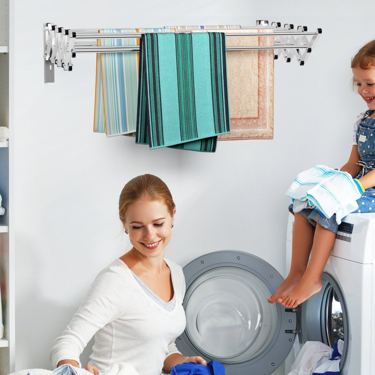 Wall-mounted clothes rack, extendable wall dryer made of stainless steel with 8 bars, load capacity 25 kg