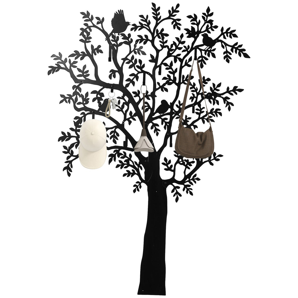 Wall-mounted coat hook, tree design with birds, black