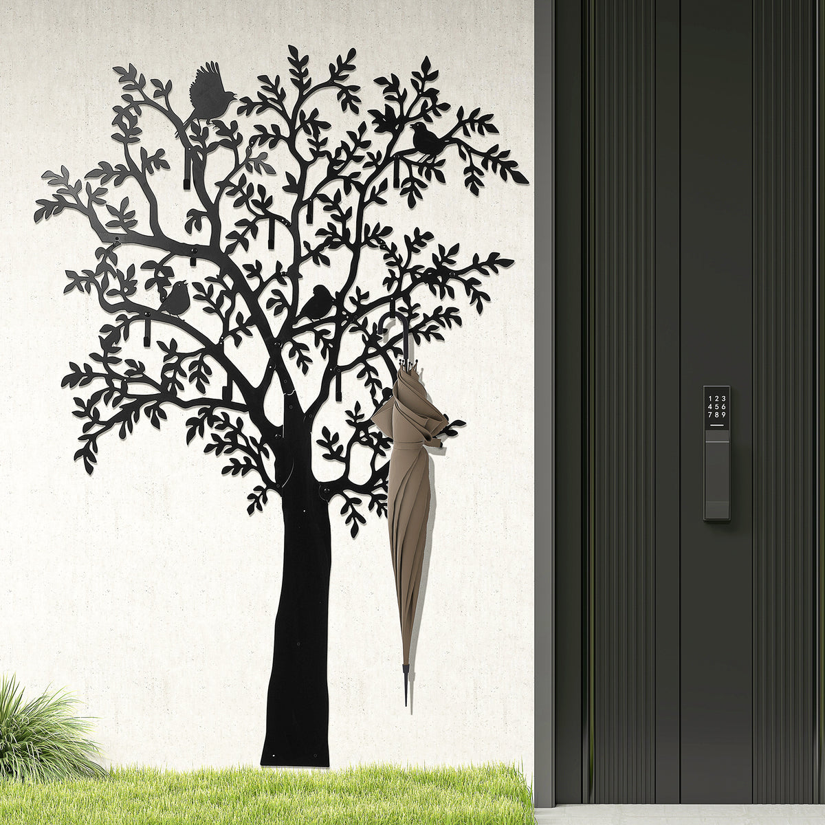 Wall-mounted coat hook, tree design with birds, black