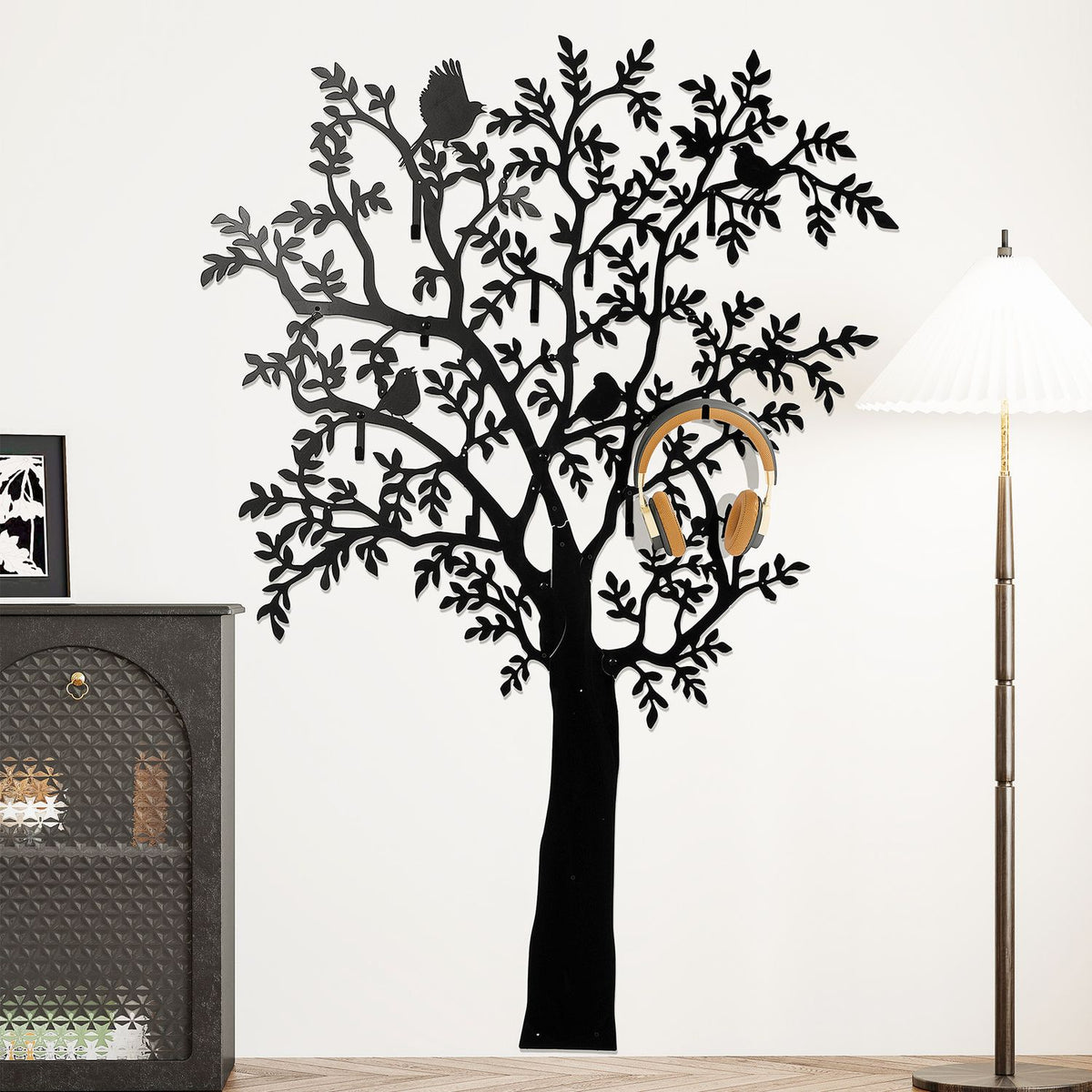 Wall-mounted coat hook, tree design with birds, black