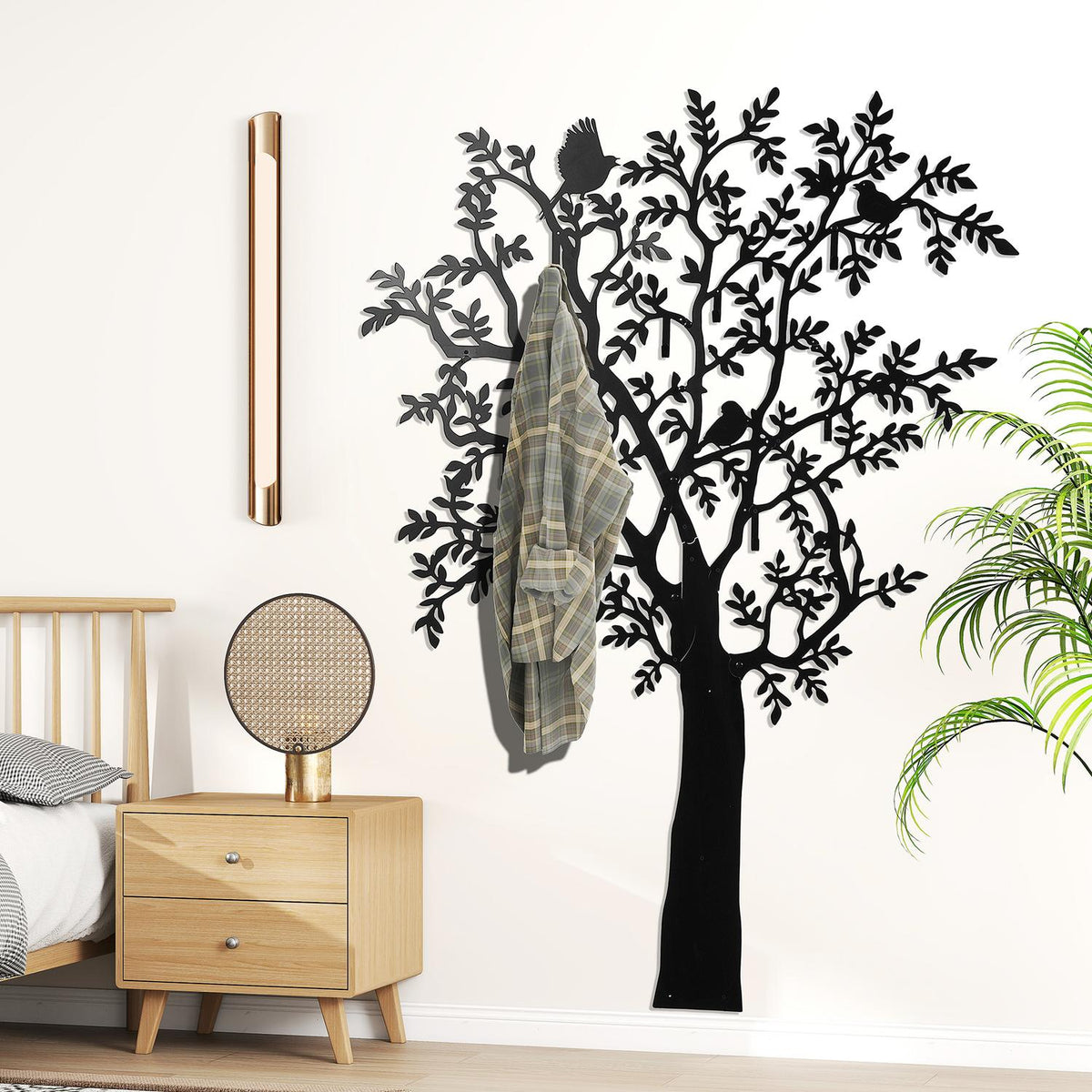 Wall-mounted coat hook, tree design with birds, black