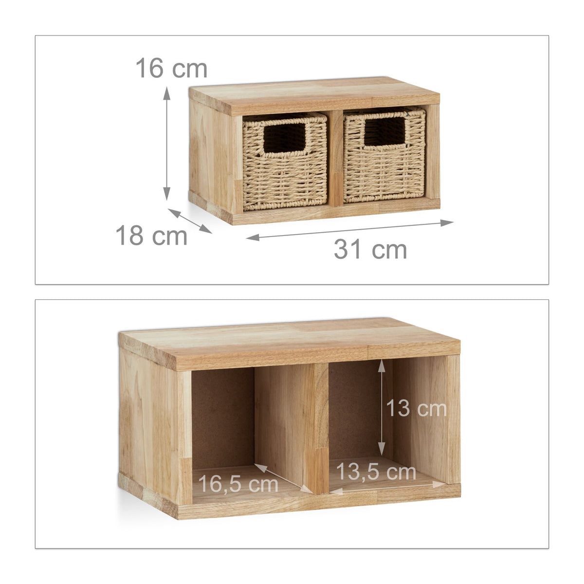 Wall shelf in walnut with baskets