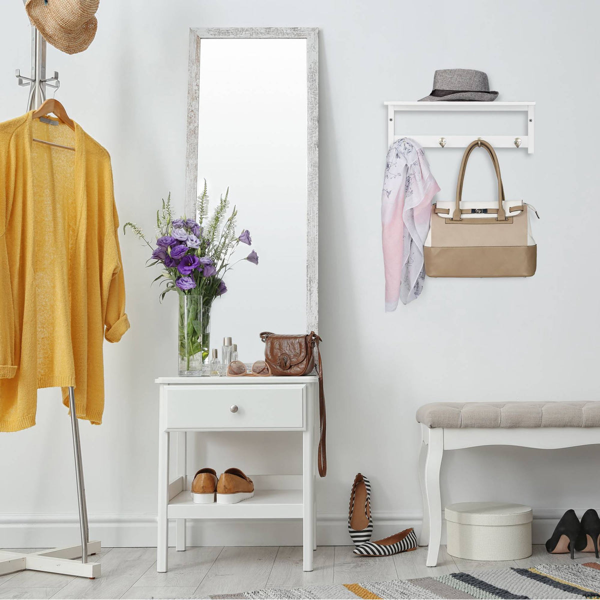 Wall shelf with hanging hooks