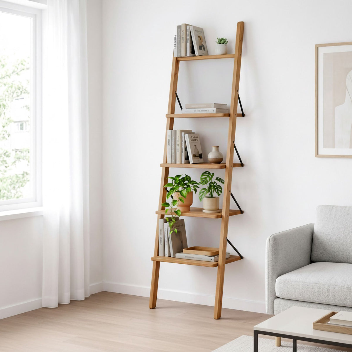Walnut Ladder Shelf, 4-Tier Leaning Design, 180cm