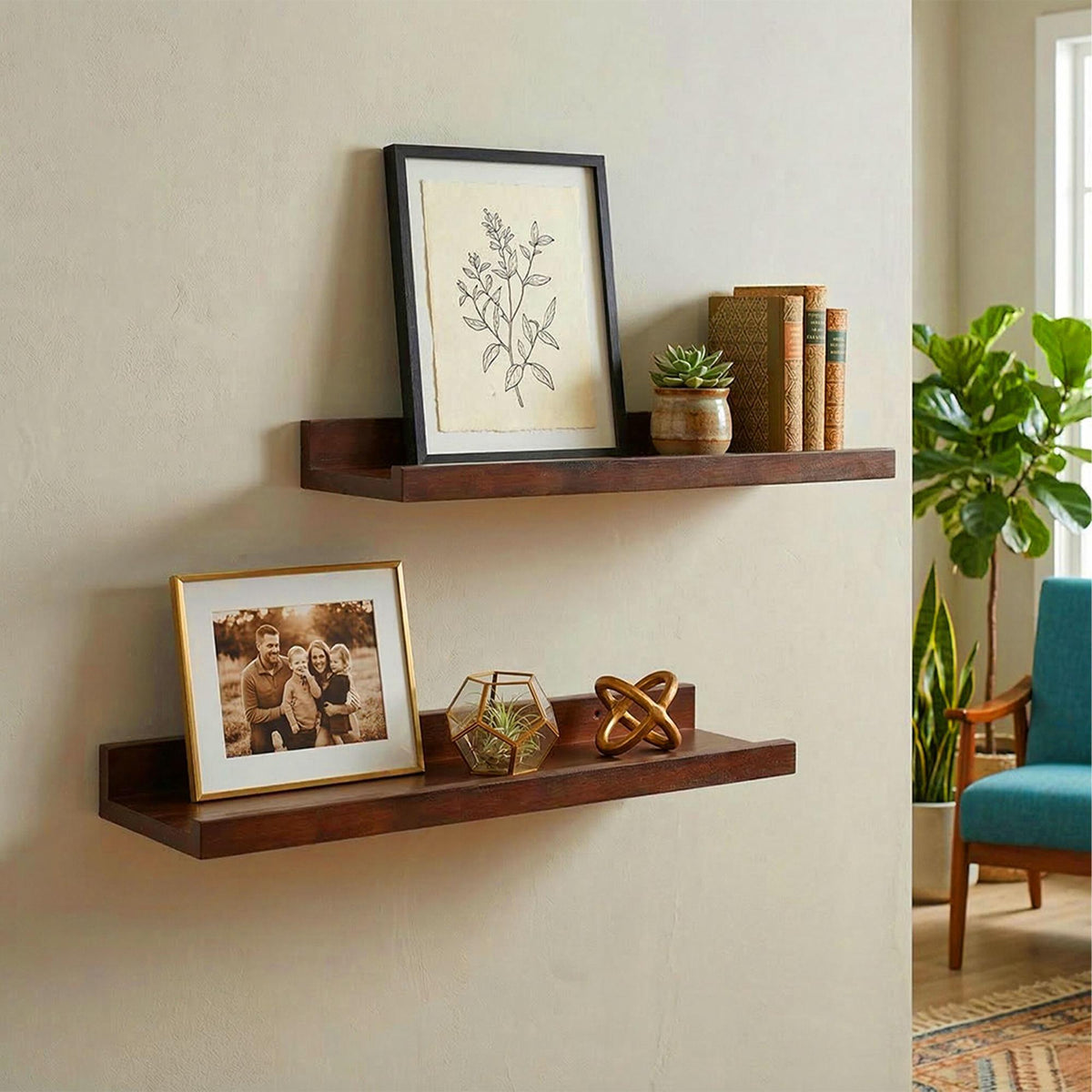 Walnut Picture Ledge Shelf – Raised Lip, Floating Mount