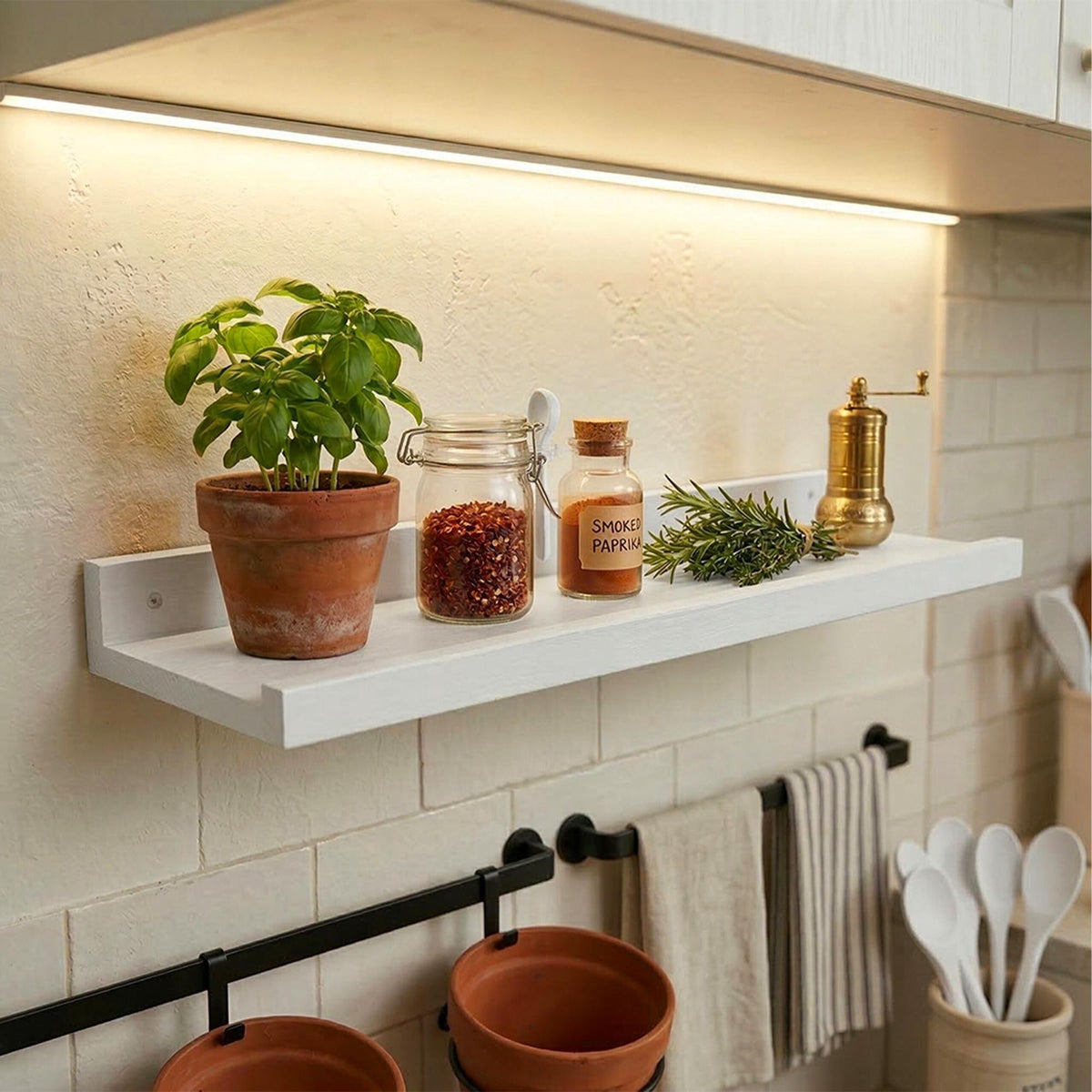 Walnut Wall Shelf – Wooden Picture Ledge, Raised Edge