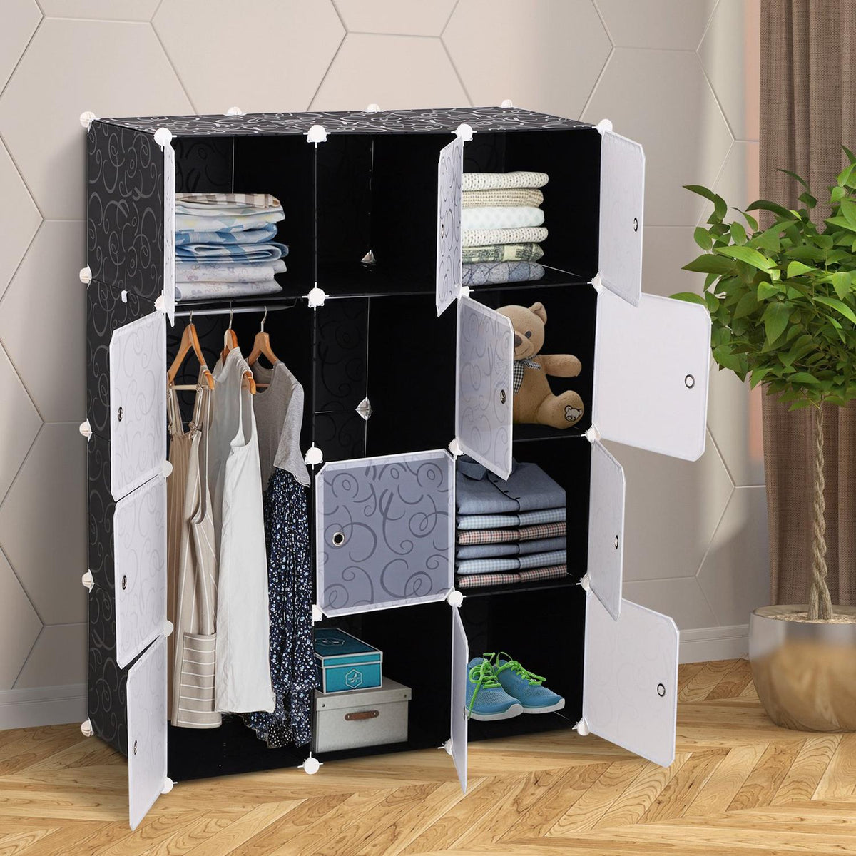 Wardrobe Diy Wardrobe Shelving System Plug-In Shelf, Cube Wardrobe With Clothes Rail, Pp, Black + White