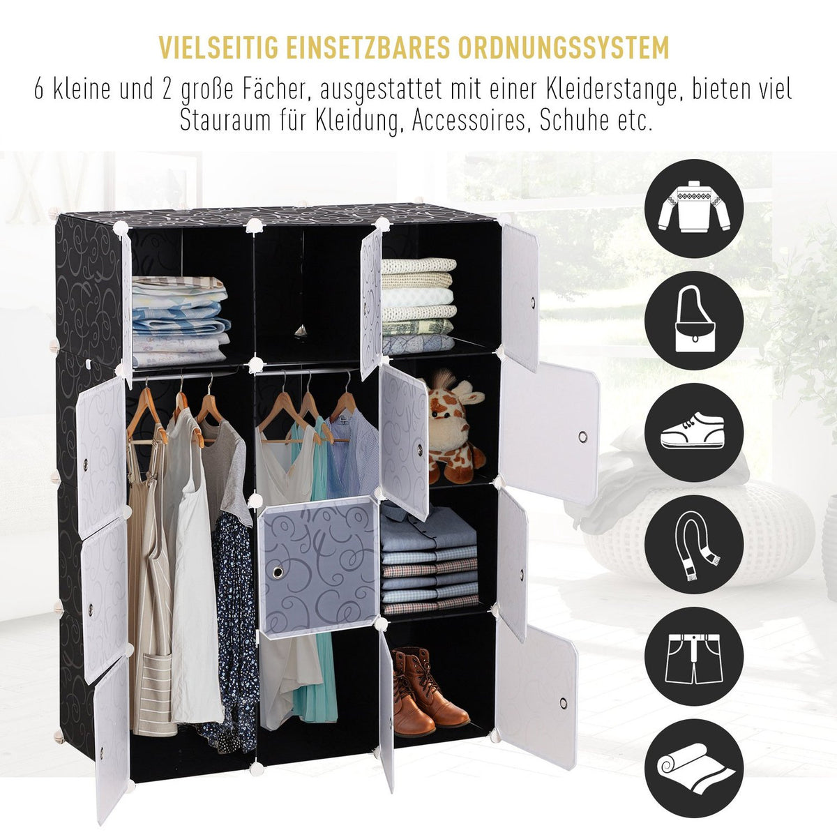 Wardrobe Diy Wardrobe Shelving System Plug-In Shelf, Cube Wardrobe With Clothes Rail, Pp, Black + White