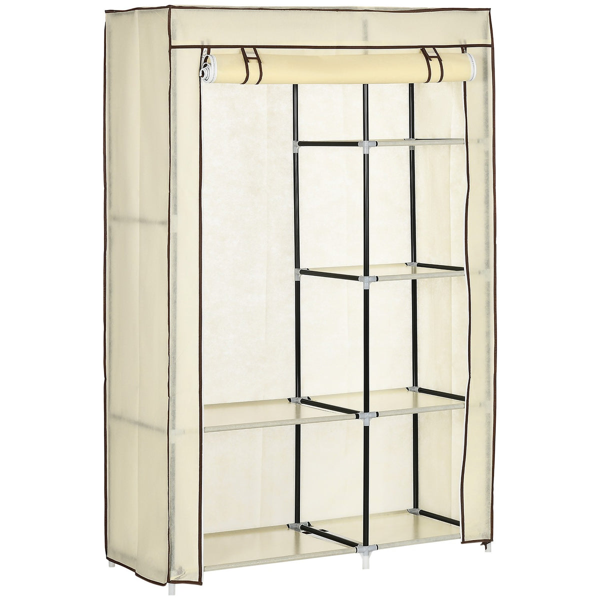 Wardrobe Fabric Cabinet, 2 Clothes Rails, 6 Compartments, Cream, Foldable Wardrobe For Bedroom & Hallway