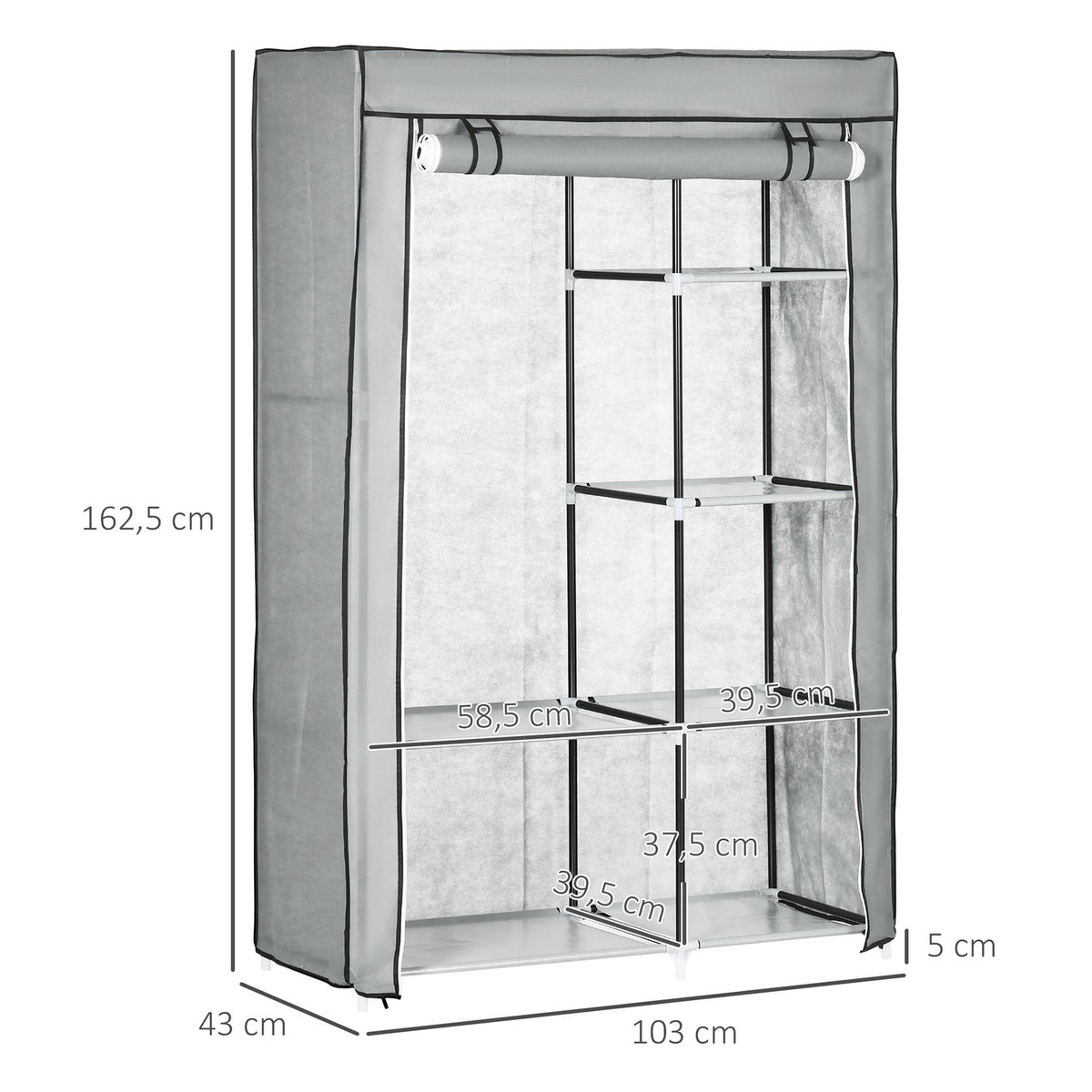Wardrobe Fabric Cabinet, 6 Compartments, Gray, 103X43X162.5Cm, Foldable Wardrobe In Fleece Look