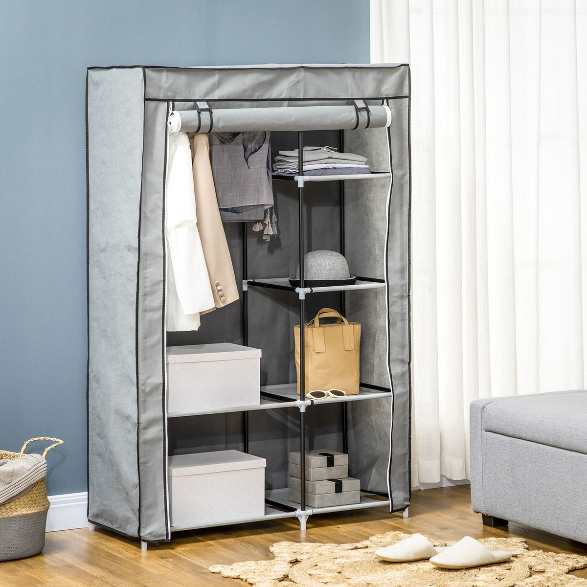 Wardrobe Fabric Cabinet, 6 Compartments, Gray, 103X43X162.5Cm, Foldable Wardrobe In Fleece Look
