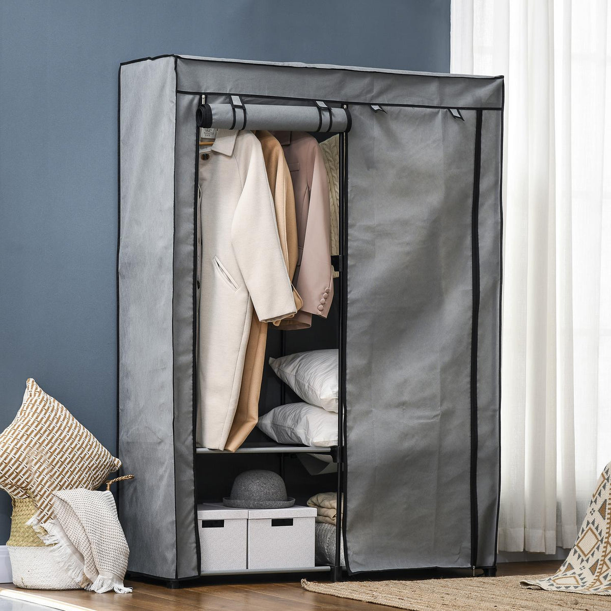 Wardrobe Fabric Wardrobe With Clothes Rails And 4 Compartments, Folding Wardrobe, Zip, Non-Woven Fabric, Light Grey