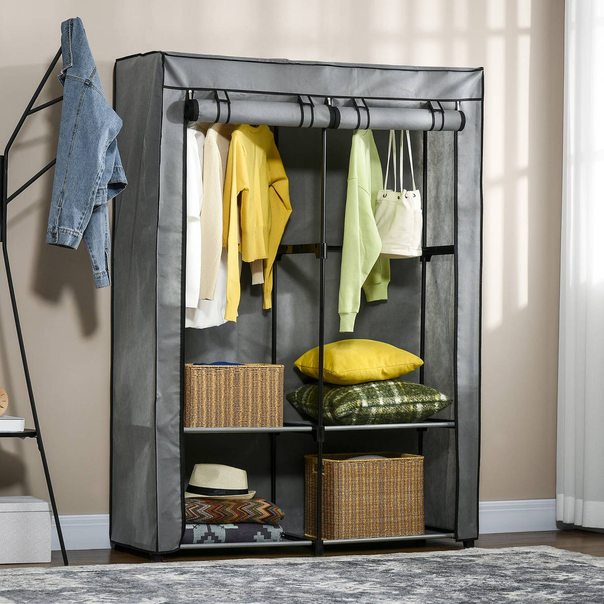 Wardrobe Fabric Wardrobe With Clothes Rails And 4 Compartments, Folding Wardrobe, Zip, Non-Woven Fabric, Light Grey