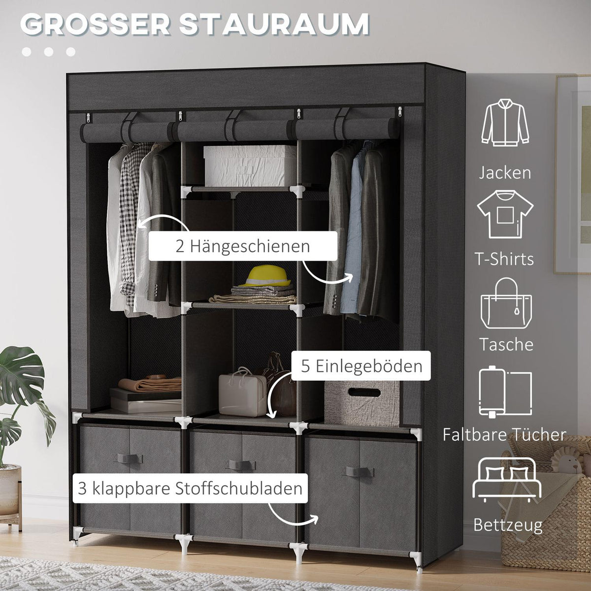 Wardrobe Foldable Fabric Cabinet, Folding Cabinet With Zipper, Non-Woven Fabric, Dark Gray, 125X43X162.5Cm