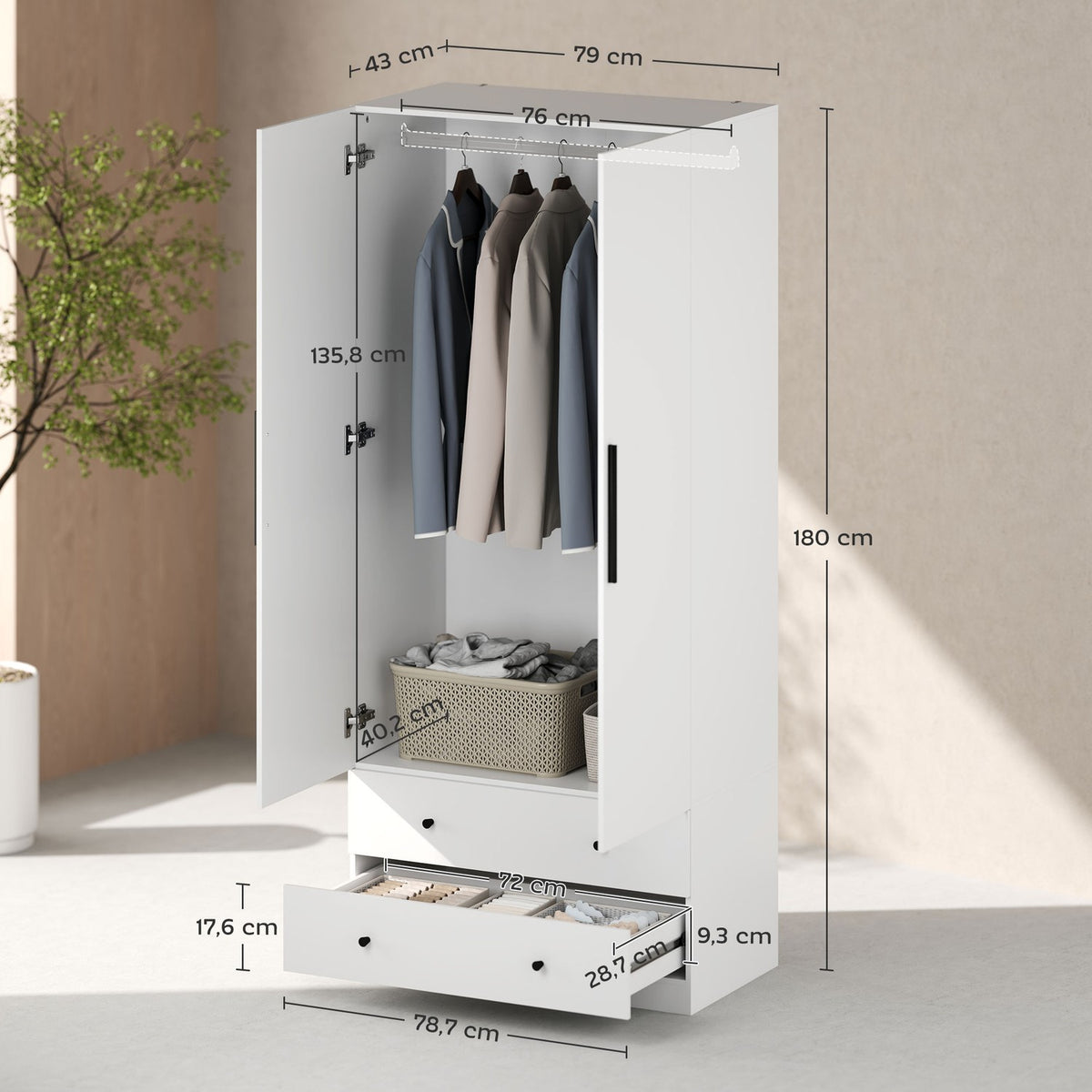 Wardrobe, multi-purpose cupboard, 2 doors with clothes rail and 2 drawers, wardrobe for bedroom, 79 x 43 x 180 cm, white
