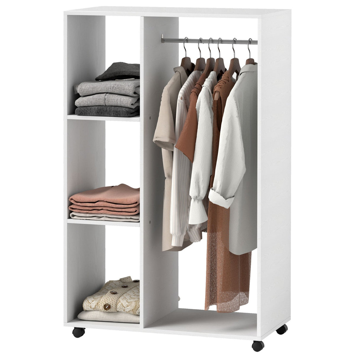 Wardrobe on Wheels, Mobile Wardrobe, 1 Clothes Rail, 3 Shelves, Wardrobe, Rolling Clothes Rack for Hallway, Bedroom, 80 x 40 x 128 cm, White