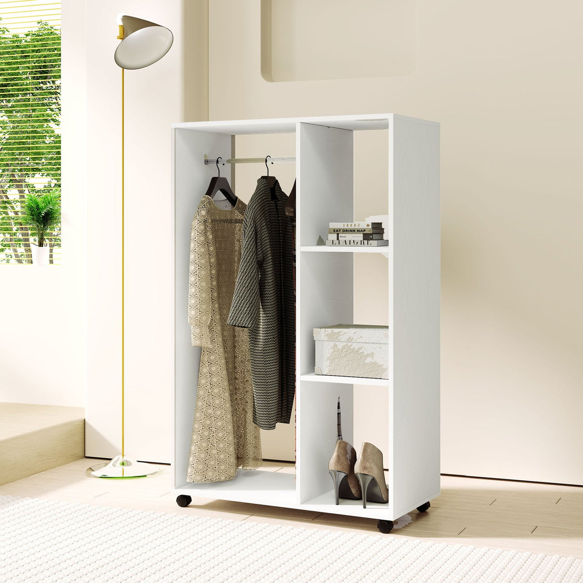 Wardrobe on Wheels, Mobile Wardrobe, 1 Clothes Rail, 3 Shelves, Wardrobe, Rolling Clothes Rack for Hallway, Bedroom, 80 x 40 x 128 cm, White