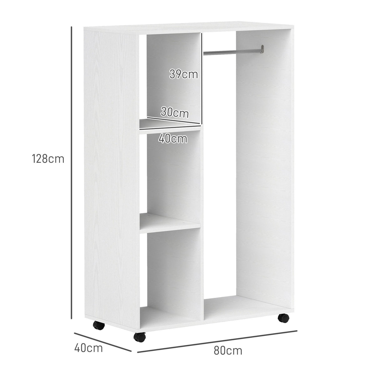 Wardrobe on Wheels, Mobile Wardrobe, 1 Clothes Rail, 3 Shelves, Wardrobe, Rolling Clothes Rack for Hallway, Bedroom, 80 x 40 x 128 cm, White
