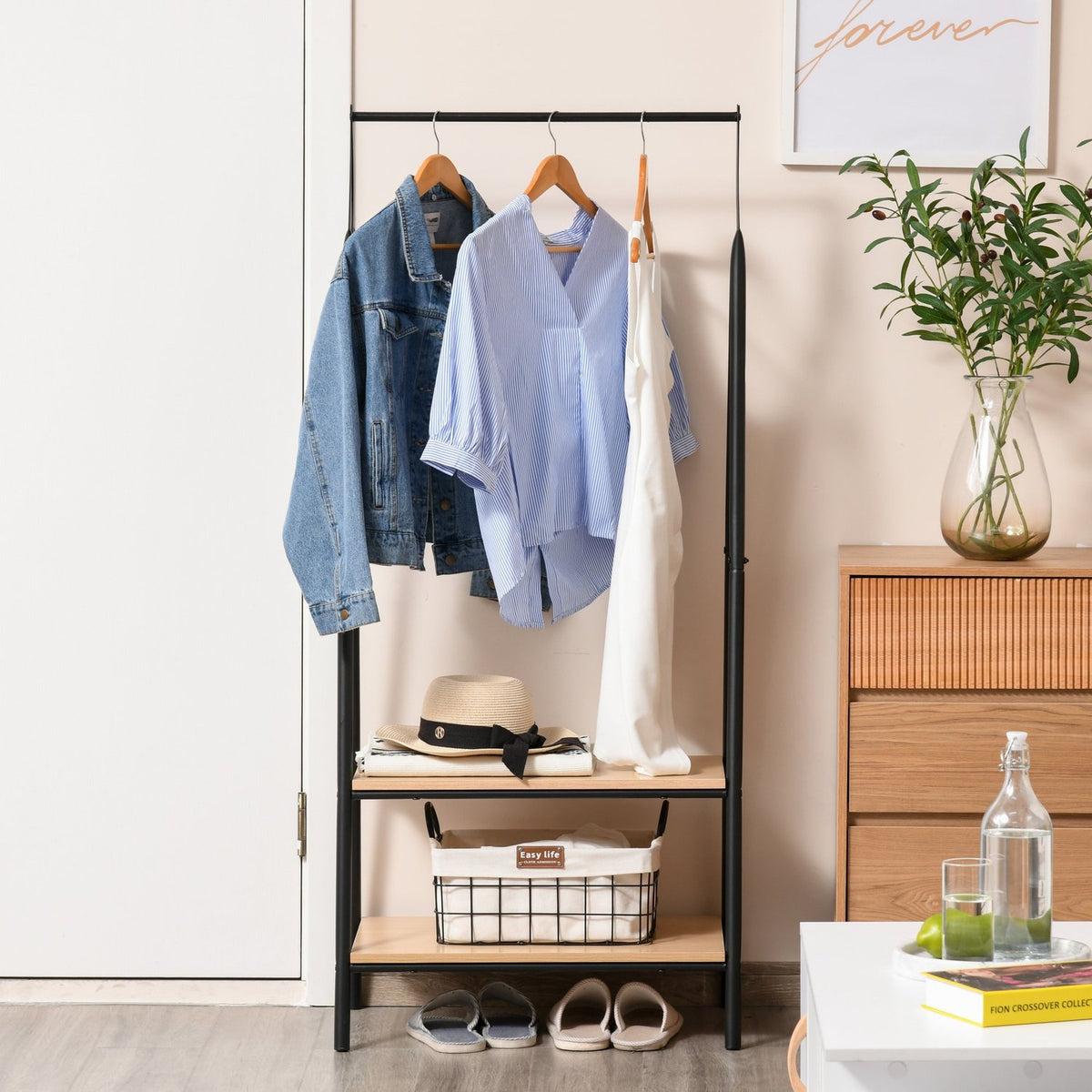 Wardrobe rack clothes rack clothes rail with shoe rack clothes rack metal + wood black + natural 64 x 42.5 x 149 cm