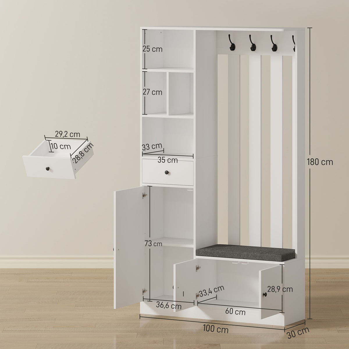 Wardrobe with Clothes Rack, Shoe Bench, Hooks, MDF, White