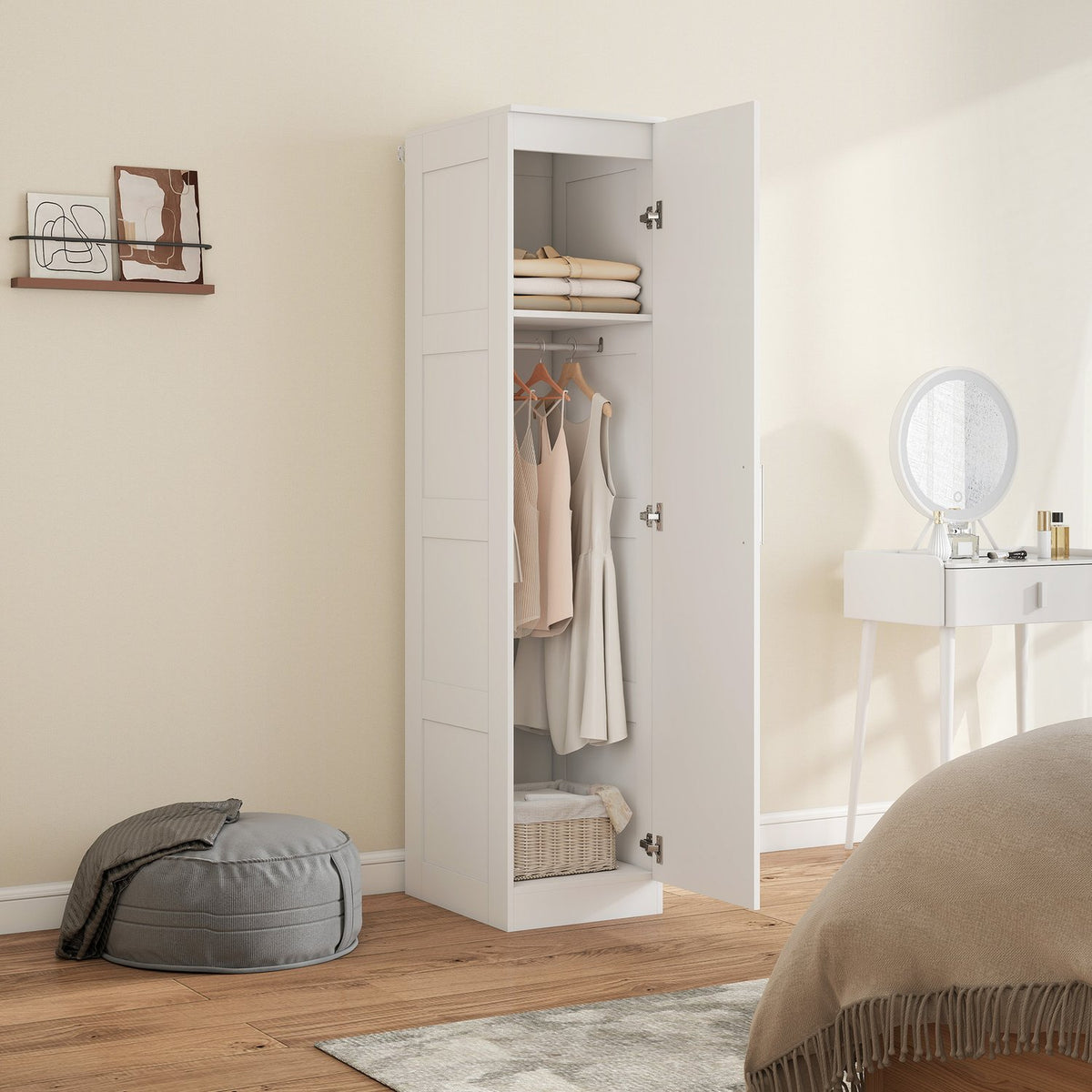 Wardrobe with Clothes Rail, Shelf, Soft-Close Door, White, 40x52x180 cm