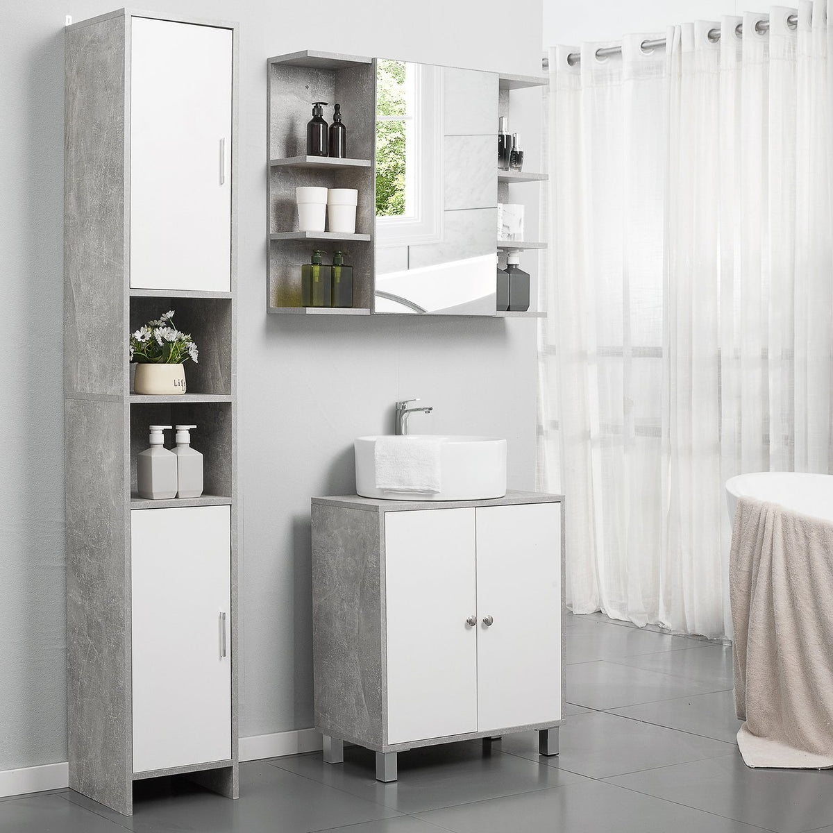 Washbasin Base Cabinet Bathroom Cabinet Gray + White Vanity Unit Adjustable Shelves U-Shaped Chipboard