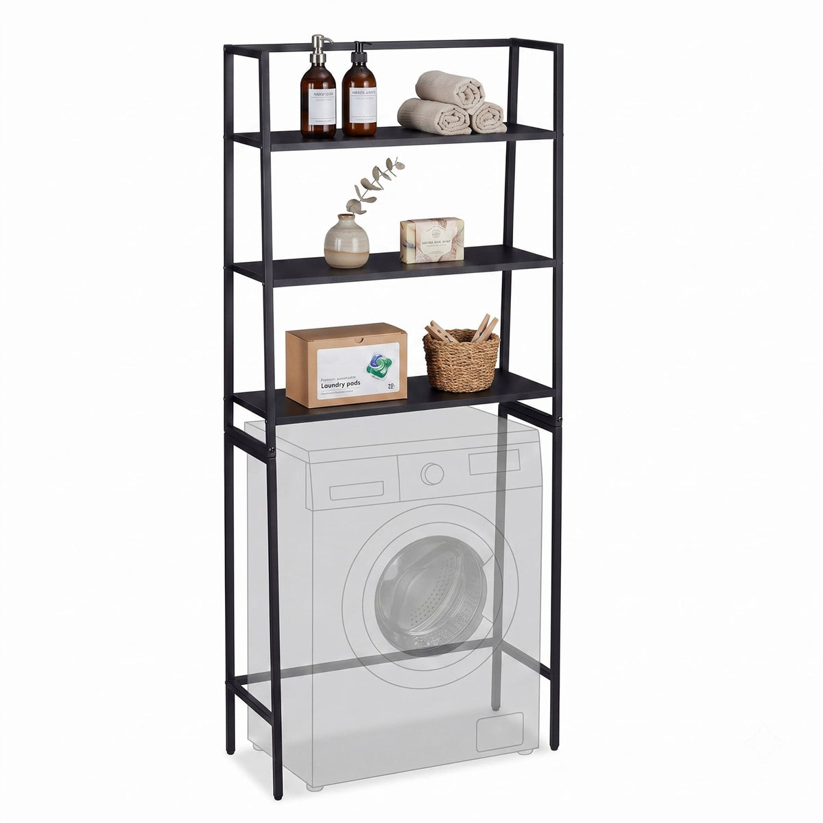 Washing Machine Over-Shelf, 3-Tier Storage Unit, Black