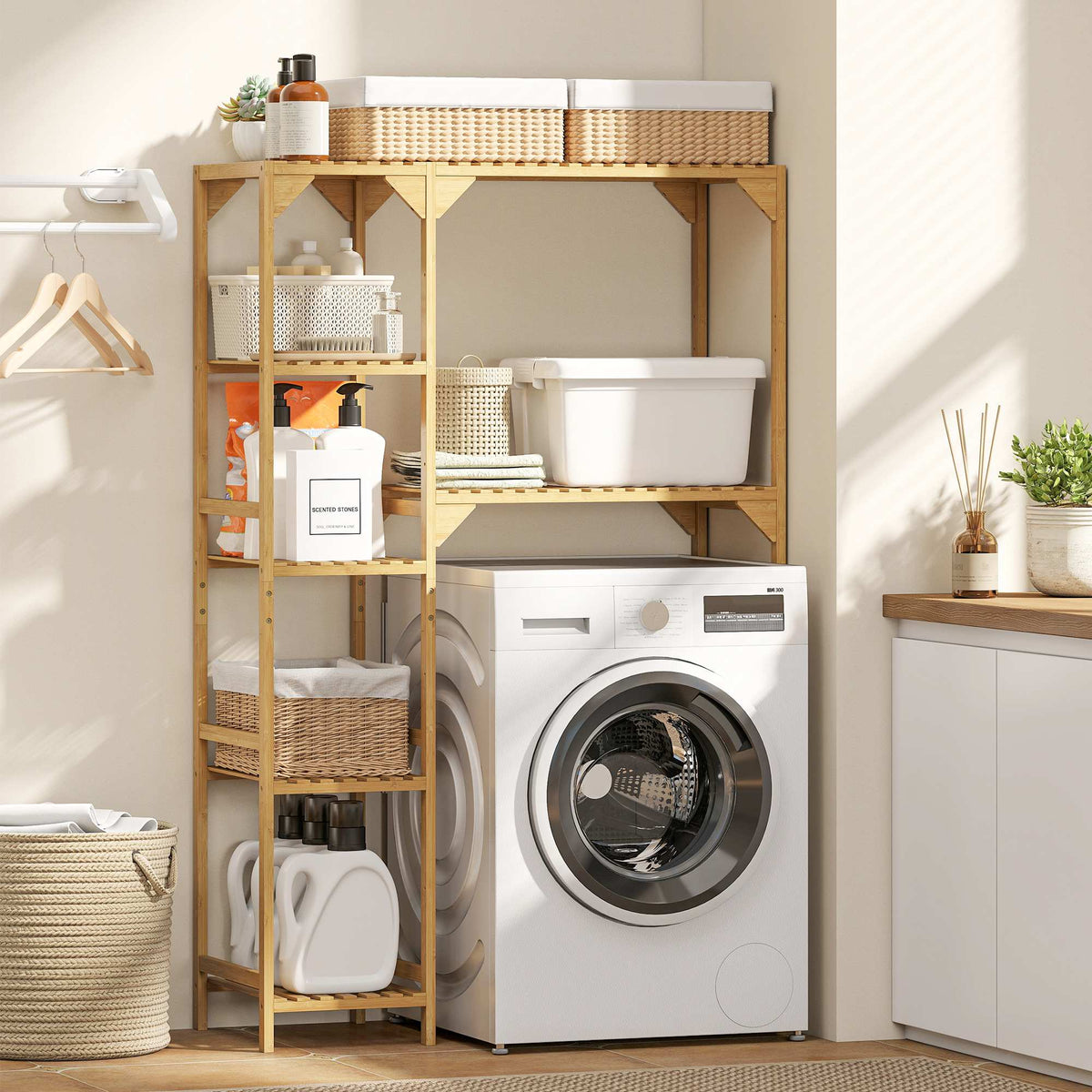 Washing Machine Shelf, Bamboo, 7 Adjustable Shelves, Space-Saving