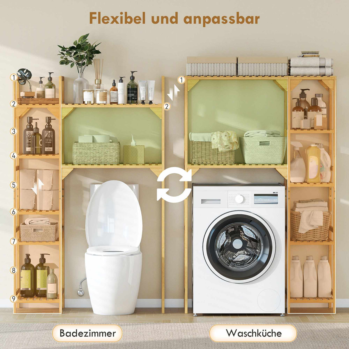 Washing Machine Shelf, Bamboo, 7 Adjustable Shelves, Space-Saving