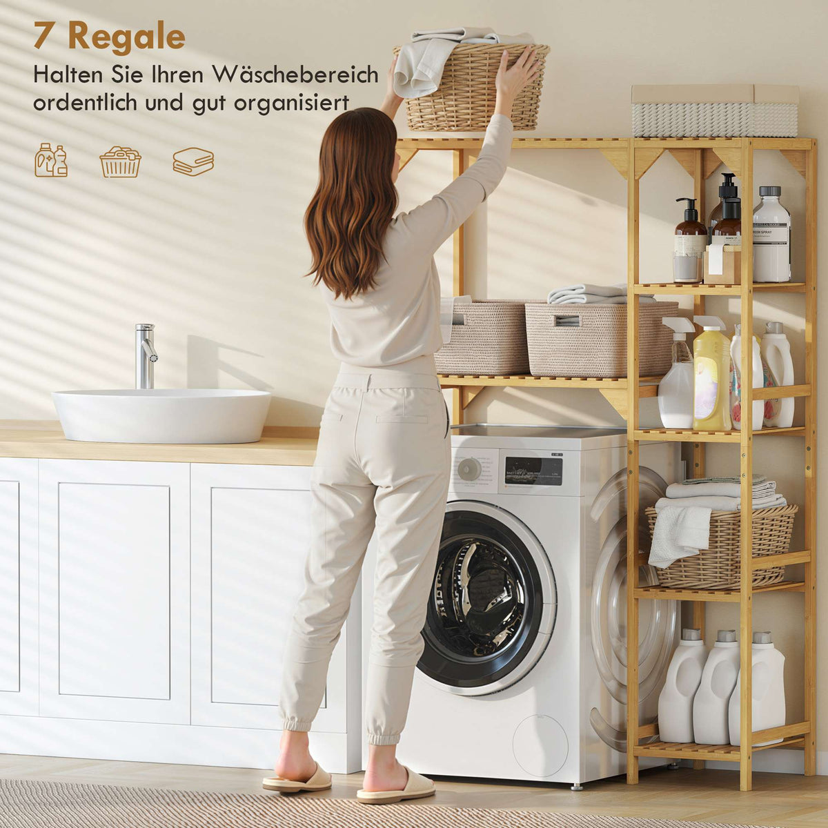 Washing Machine Shelf, Bamboo, 7 Adjustable Shelves, Space-Saving