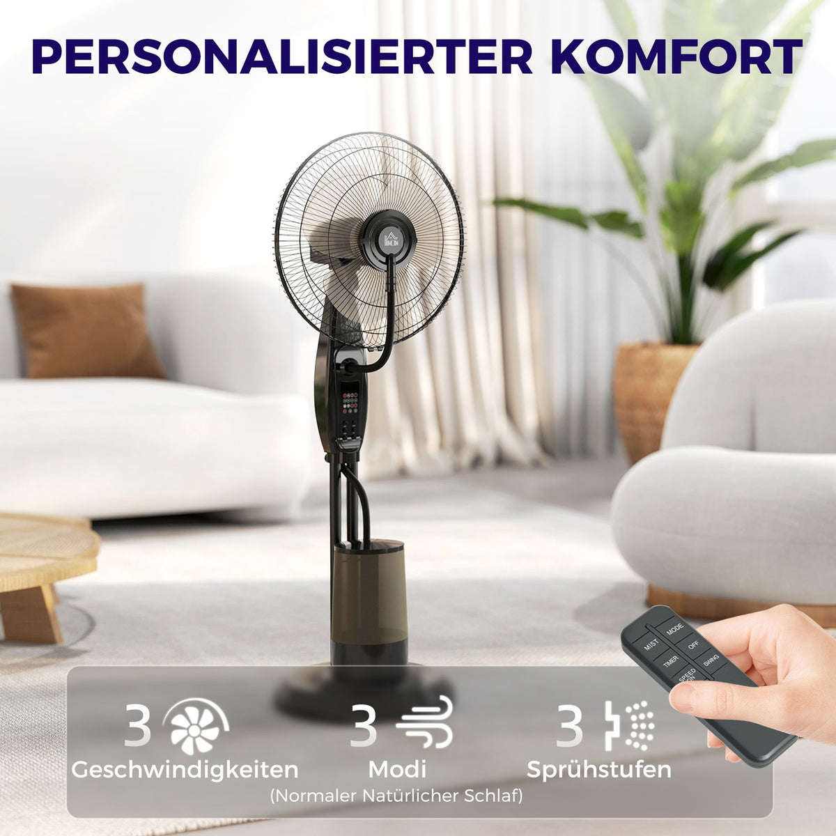 Water Cooling Fan, Pedestal Fan with Mist, Remote Control, Timer Function, 3.2L Water Tank, 3 Modes, 75W, Oscillating Water Fan with Wheels, 120cm |